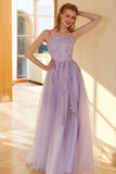 Charming A Line Spaghetti Straps Light Purple Long Ball Dress with Appliques