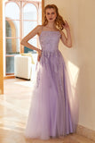 Charming A Line Spaghetti Straps Light Purple Long Ball Dress with Appliques