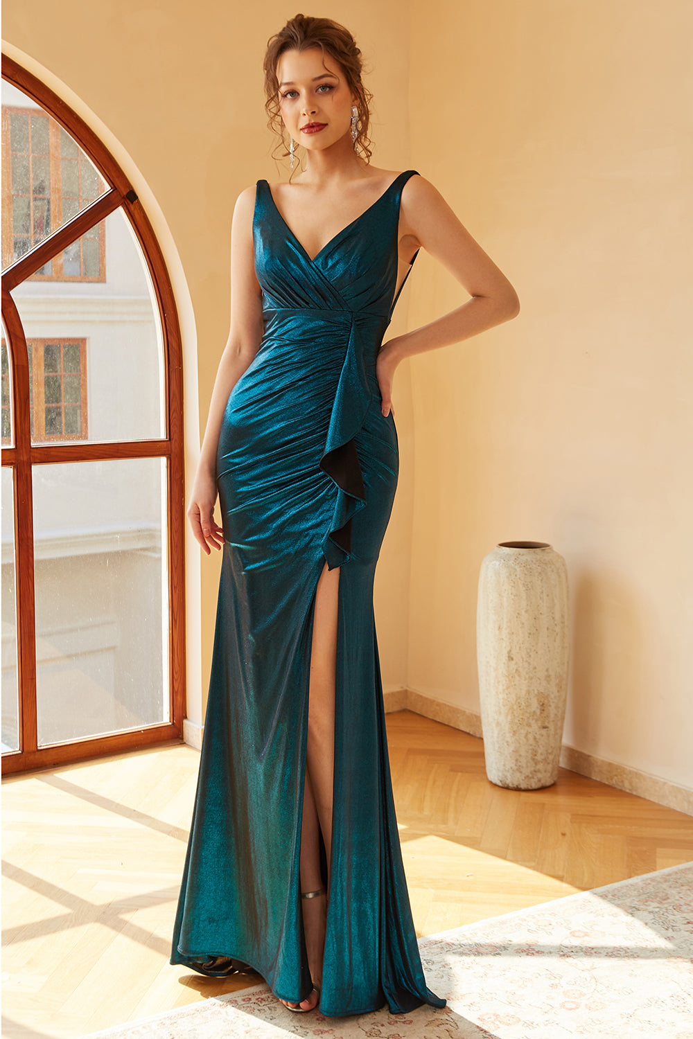 Peacock Blue Ruched Long Ball Dress