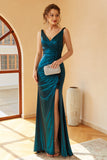 Peacock Blue Ruched Long Ball Dress