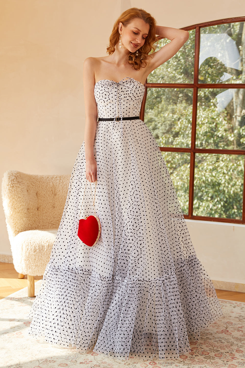 White Polka Dots Long Ball Dress with Sleeves
