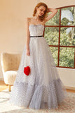 White Polka Dots Long Ball Dress with Sleeves