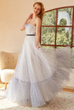 White Polka Dots Long Ball Dress with Sleeves