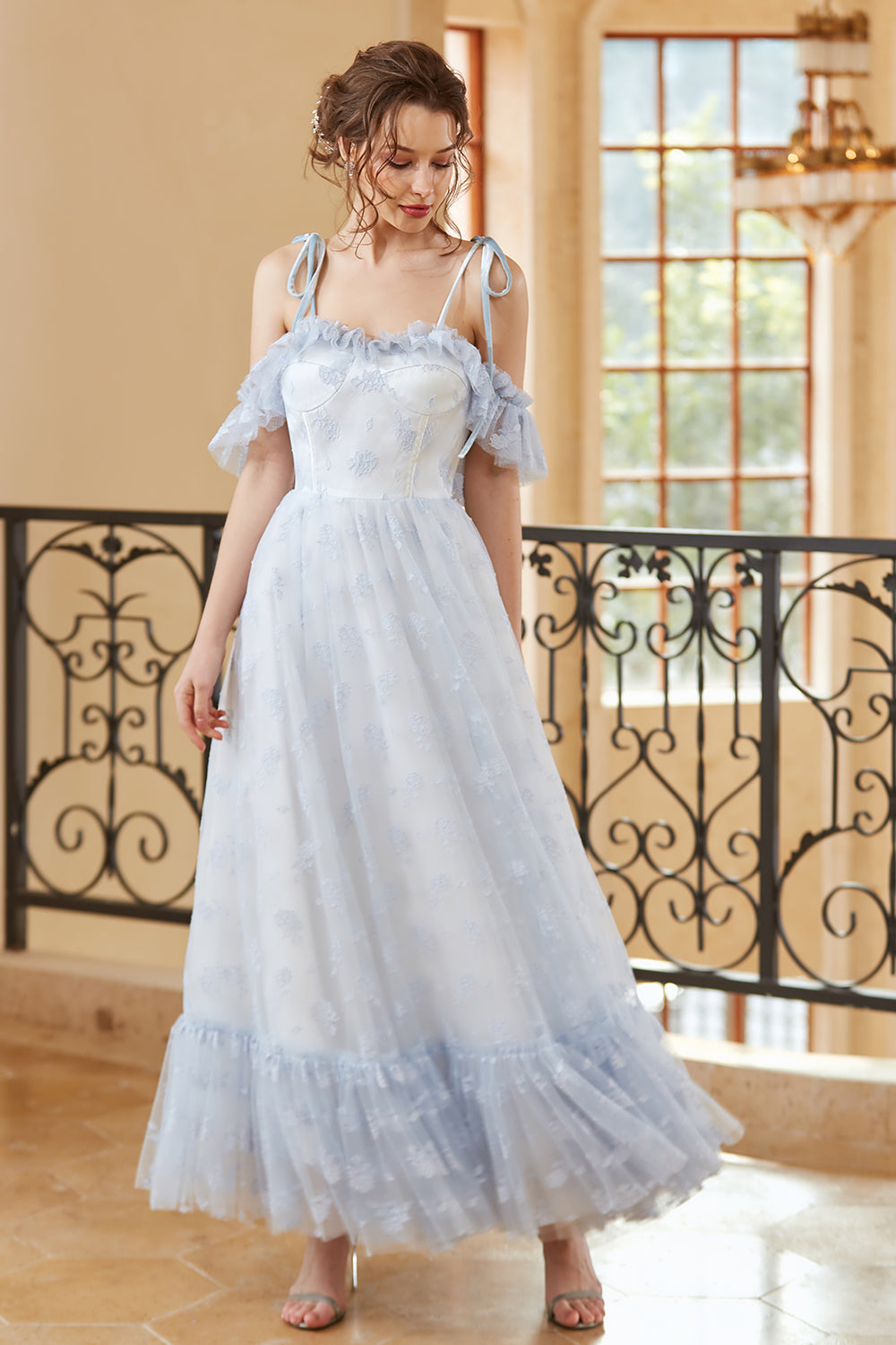 Princess A Line Off the Shoulder Light Blue Long Ball Dress
