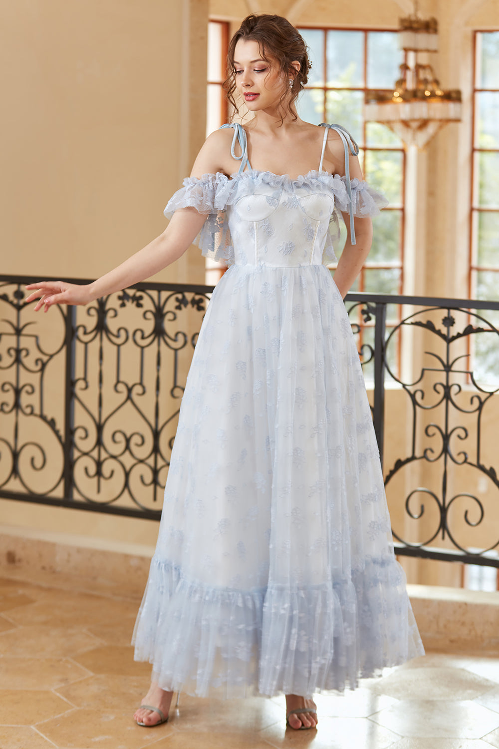 Princess A Line Off the Shoulder Light Blue Long Ball Dress