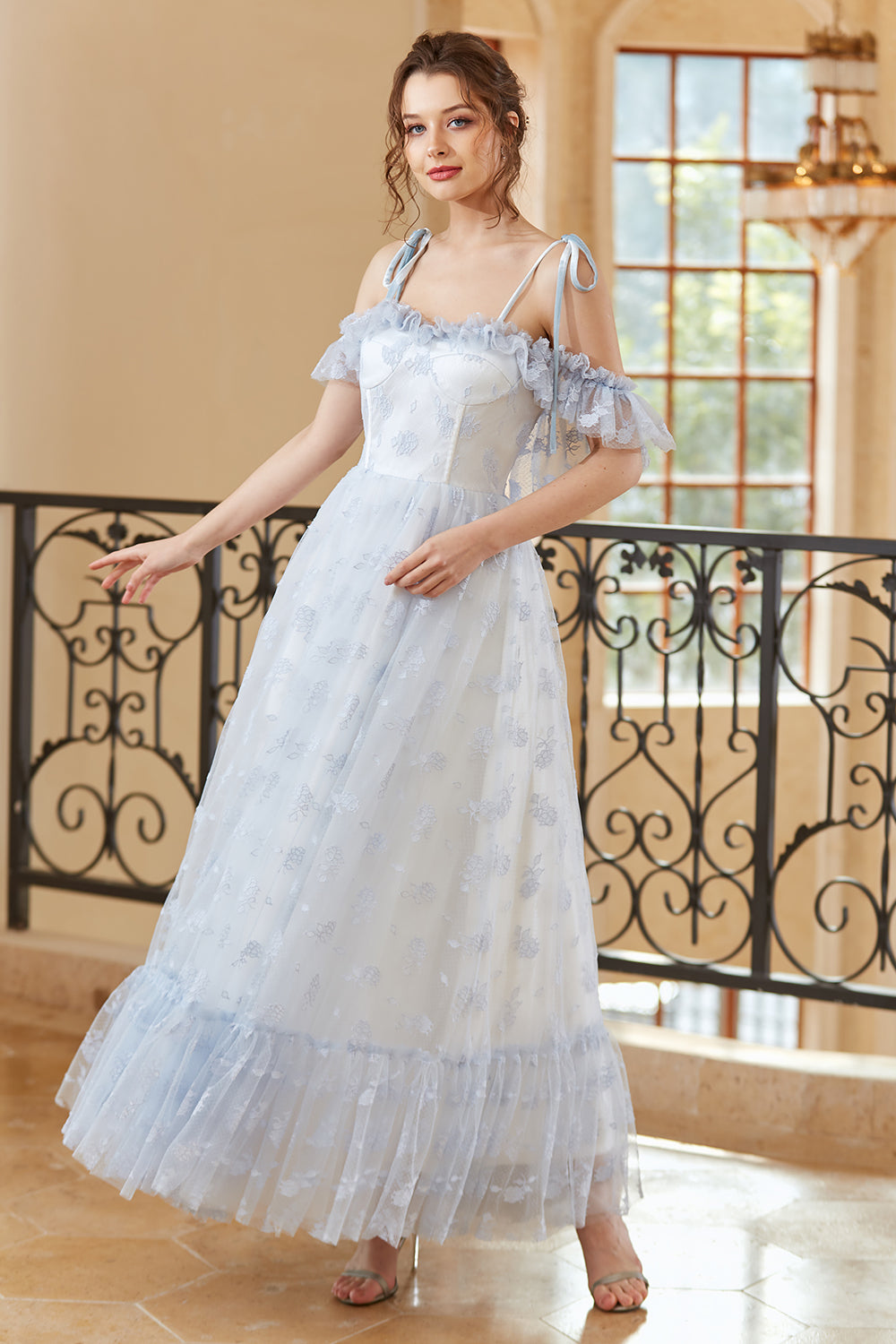 Princess A Line Off the Shoulder Light Blue Long Ball Dress