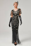 Ivory Mermaid Sequins Short Sleeve Long 1920s Flapper Dress