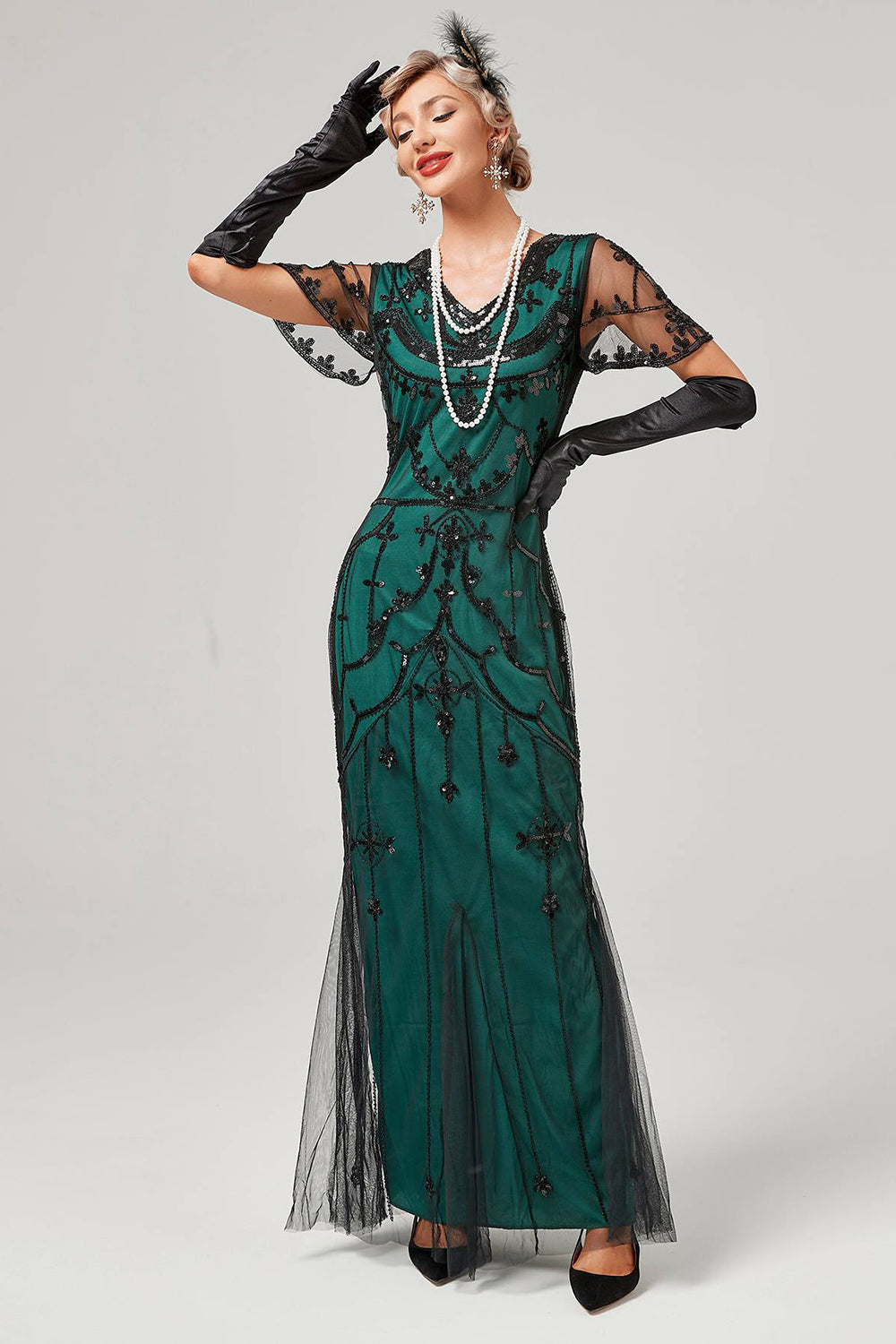 Red Mermaid Sequins Short Sleeve Long 1920s Flapper Dress
