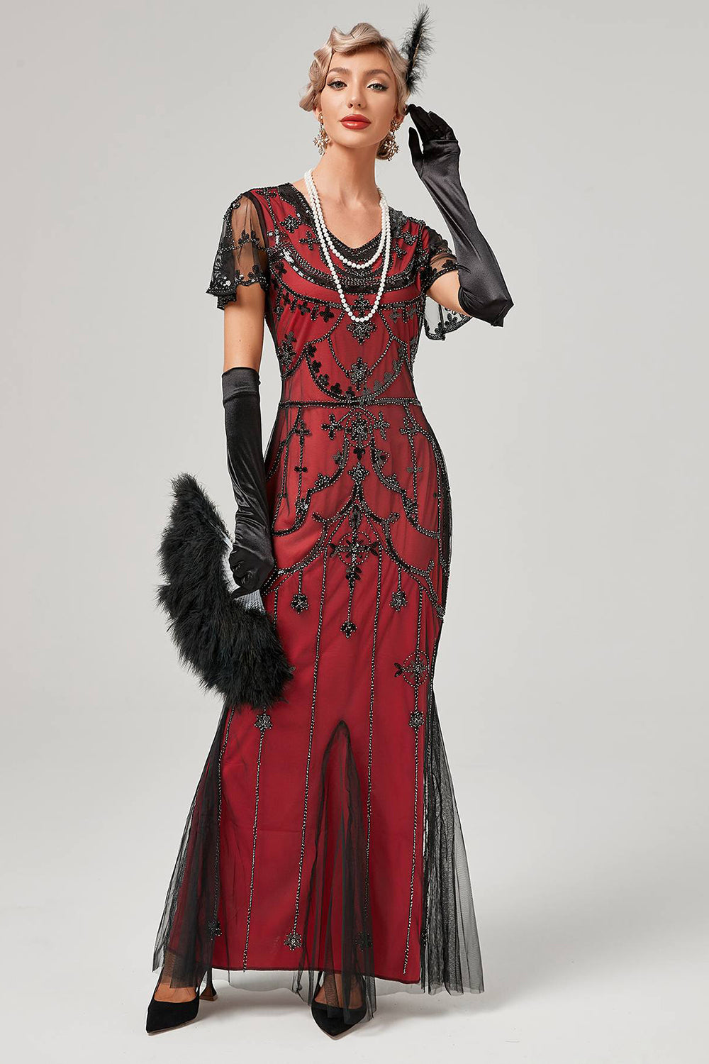 Red Mermaid Sequins Short Sleeve Long 1920s Flapper Dress
