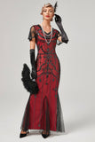 Red Mermaid Sequins Short Sleeve Long 1920s Flapper Dress