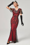 Red Mermaid Sequins Short Sleeve Long 1920s Flapper Dress