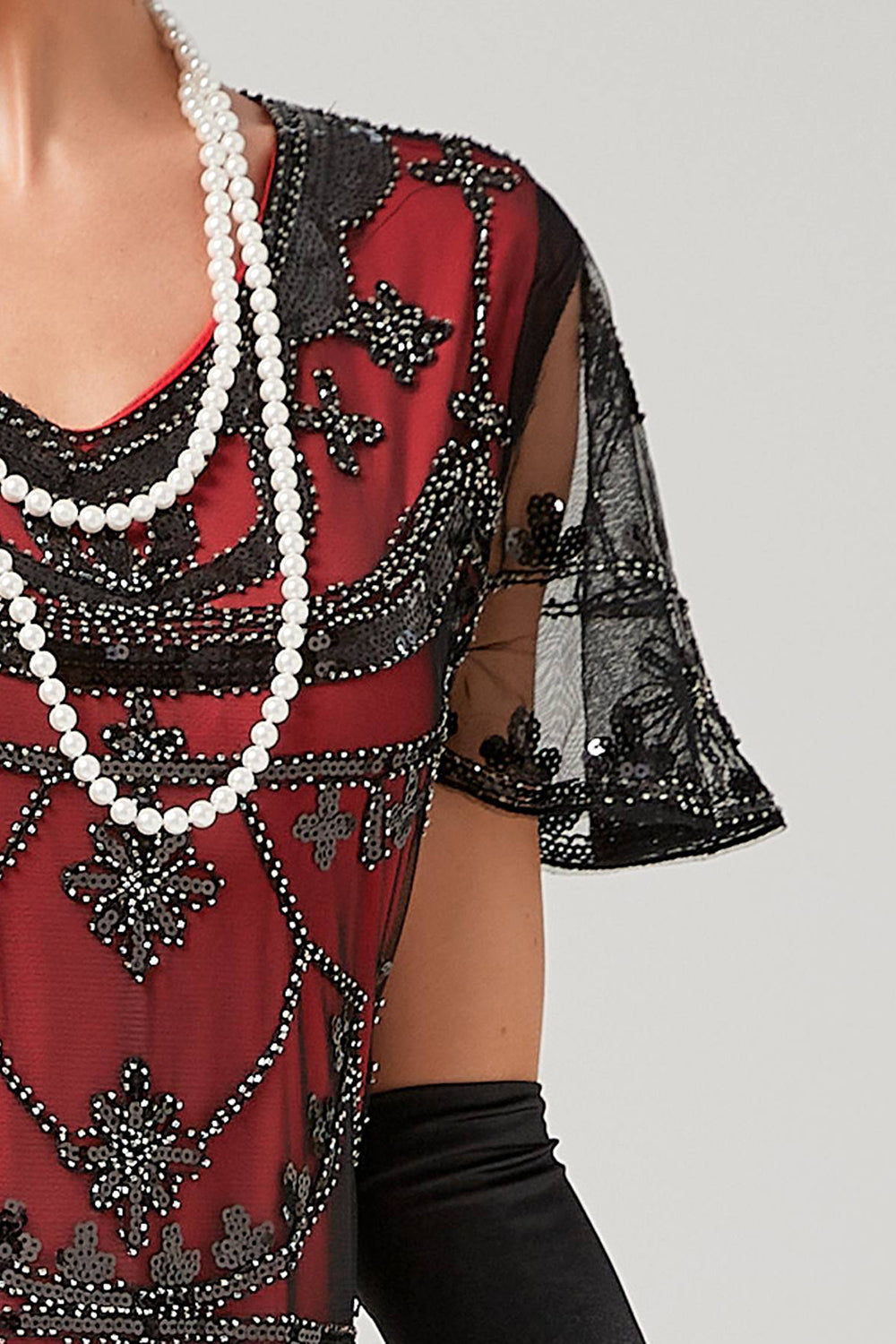 Red Mermaid Sequins Short Sleeve Long 1920s Flapper Dress