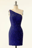 Royal Blue One Shoulder Sequins Tight Cocktail Dress