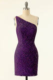 Purple One Shoulder Sequins Cocktail Dress