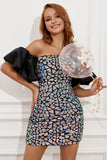 Blue Off the Shoulder Sequins Cocktail Dress with Puff Sleeves
