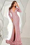 Long Sleeves Backless Sequins Ball Dress with Slit
