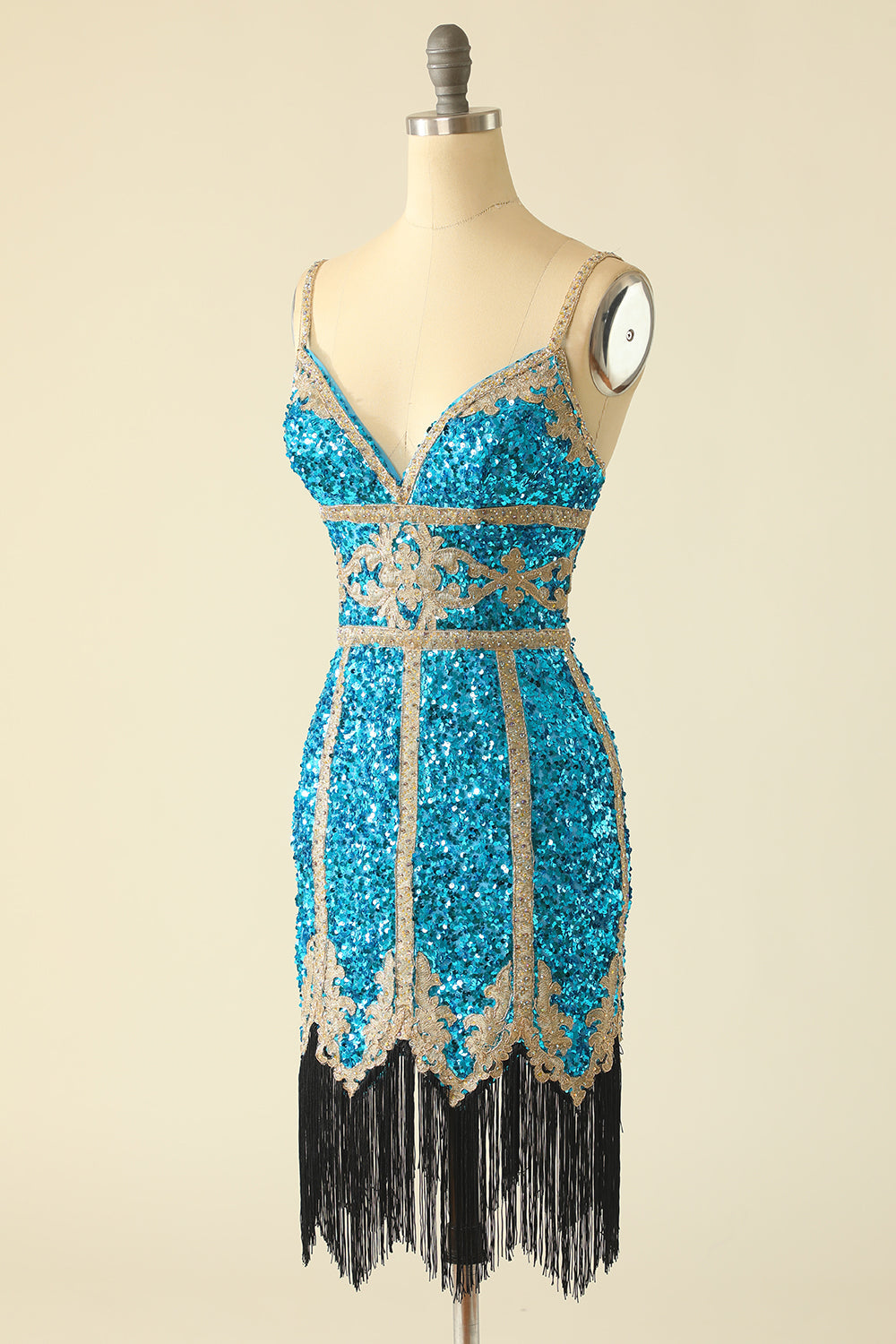 Lake Blue Sequin Short Party Dress with Fringes
