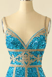 Lake Blue Sequin Short Party Dress with Fringes