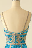 Lake Blue Sequin Short Party Dress with Fringes