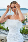 Sheath Strapless White Cocktail Dress with Feathers