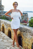 Sheath Strapless White Cocktail Dress with Feathers