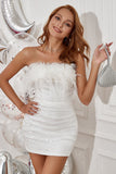 White Strapless Cocktail Dress with Feathers