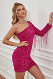 Fuchsia One Shoulder Sequins Tight Cocktail Dress with Sleeves