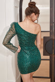 One Shoulder Beaded Green Cocktail Dress