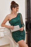 One Shoulder Beaded Green Cocktail Dress