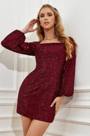Burgundy Tight Sequins Cocktail Dress with Sleeves