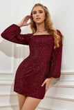 Burgundy Tight Sequins Cocktail Dress with Sleeves