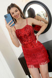 Red Sequin Fitted Cocktail Dress with Fringes