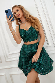 Two Piece Dark Green Halter Sequins Cocktail Dress