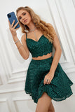 Two Piece Dark Green Halter Sequins Cocktail Dress