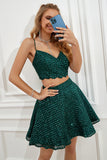 Two Piece Dark Green Halter Sequins Cocktail Dress