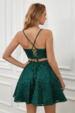 Two Piece Dark Green Halter Sequins Cocktail Dress