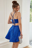 Two Piece Spaghetti Straps Royal Blue Short Cocktail Dress