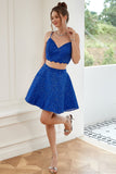 Two Piece Spaghetti Straps Royal Blue Short Cocktail Dress