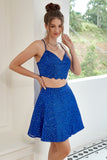 Two Piece Spaghetti Straps Royal Blue Short Cocktail Dress