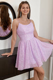 A Line Spaghetti Straps Light Purple Sequins Cocktail Dress