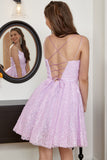 A Line Spaghetti Straps Light Purple Sequins Cocktail Dress