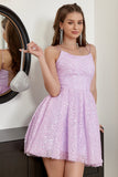 A Line Spaghetti Straps Light Purple Sequins Cocktail Dress
