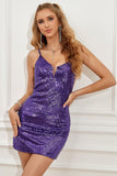 Purple Backless Sequins Tight Short Cocktail Dress