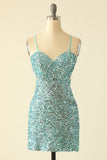 Blue Open Back Sequin Glitter Party Dress
