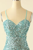Blue Open Back Sequin Glitter Party Dress