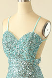 Blue Open Back Sequin Glitter Party Dress