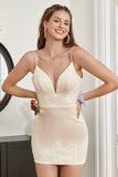 Sheath Spaghetti Straps Apricot Sequins Cocktail Dress