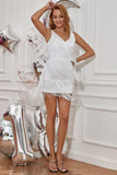 Sheath V Neck White Short Cocktail Dress with Tassel