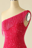 Hot Pink One Shoulder Sequin Party Dress
