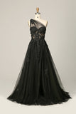 Sky Blue A Line One Shoulder Long Ball Dress with Appliques
